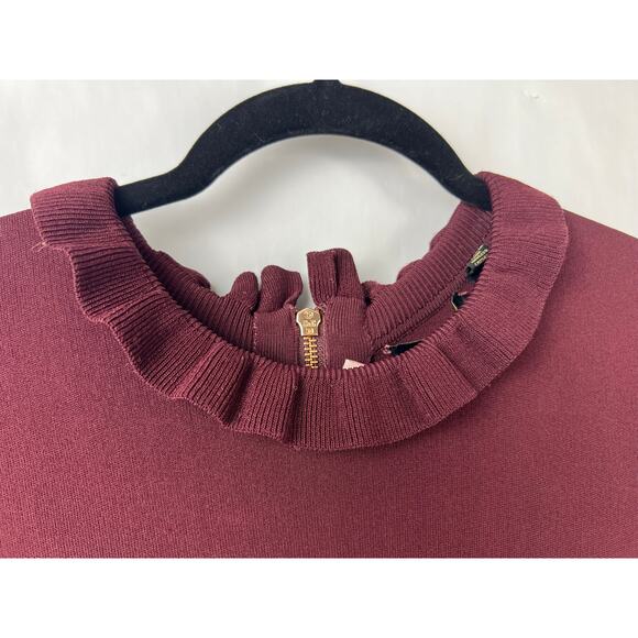 Ted Baker Zadi Dress Burgundy Fit & Flare Satin Skirt Frill Cuff Ruffle Neck - Picture 7 of 15